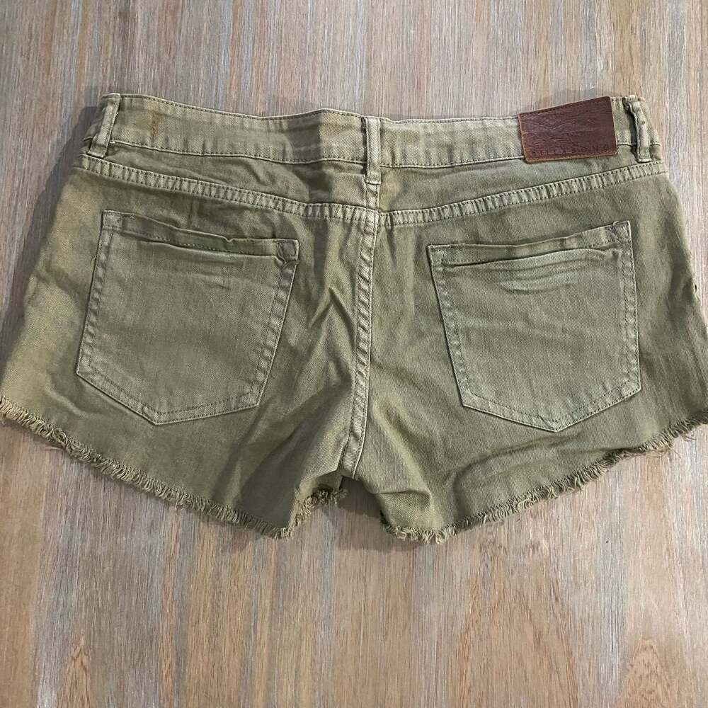 Billabong Lace-Up Distressed Frayed Hem Olive Denim Shorts Grunge - Picture 2 of 6